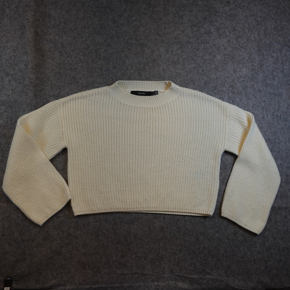 Vero Moda Sweater Women Extra Small Cream Ribbed Knit Long Sleeve Crew Neck Crop